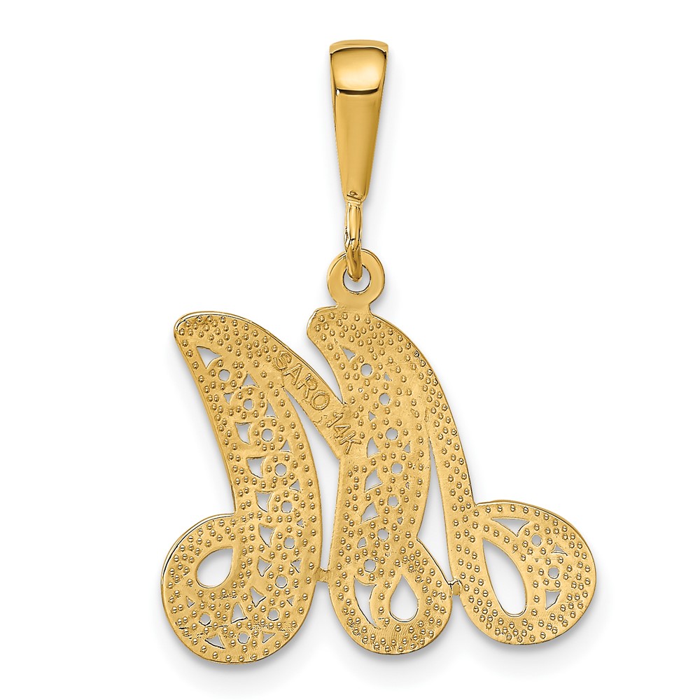14KY Polished Script Filigree Letter M Initial Pendant (C569M)