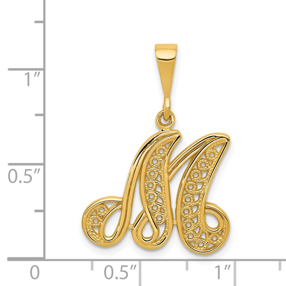 14KY Polished Script Filigree Letter M Initial Pendant (C569M)