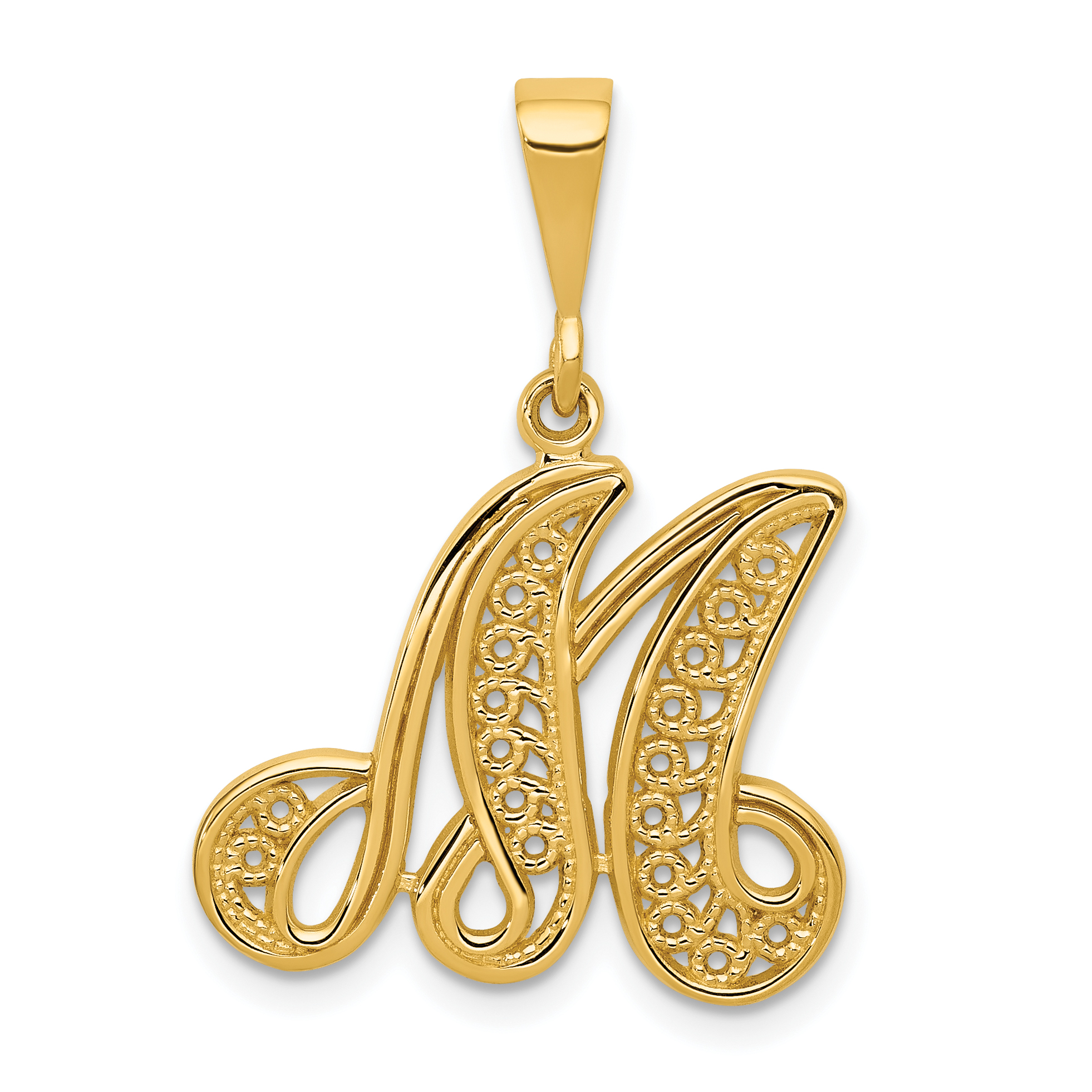 14KY Polished Script Filigree Letter M Initial Pendant (C569M)