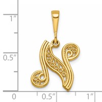 14K Yellow Gold Polished Script Filigree Letter N Initial Pendant view 4