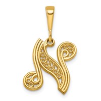 14K Yellow Gold Polished Script Filigree Letter N Initial Pendant view 1