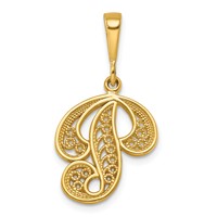 14K Yellow Gold Polished Script Filigree Letter P Initial Pendant view 1