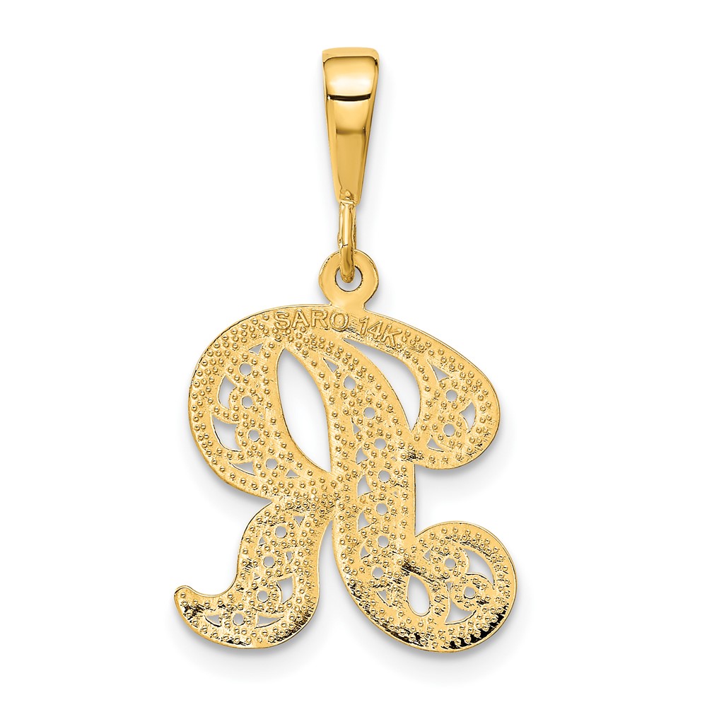 14KY Polished Script Filigree Letter R Initial Pendant (C569R)