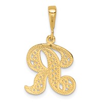 14K Yellow Gold Polished Script Filigree Letter R Initial Pendant view 3