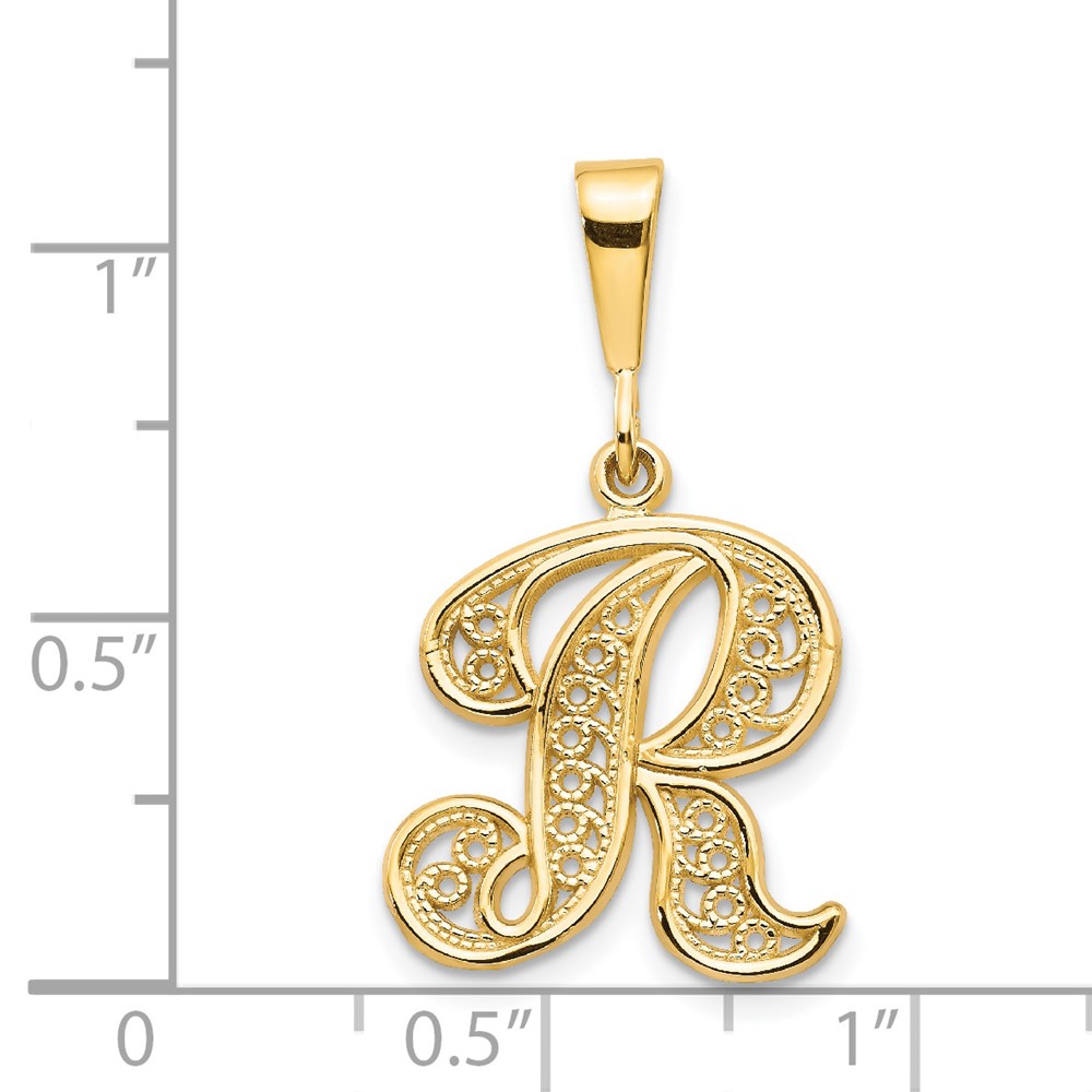 14KY Polished Script Filigree Letter R Initial Pendant (C569R)