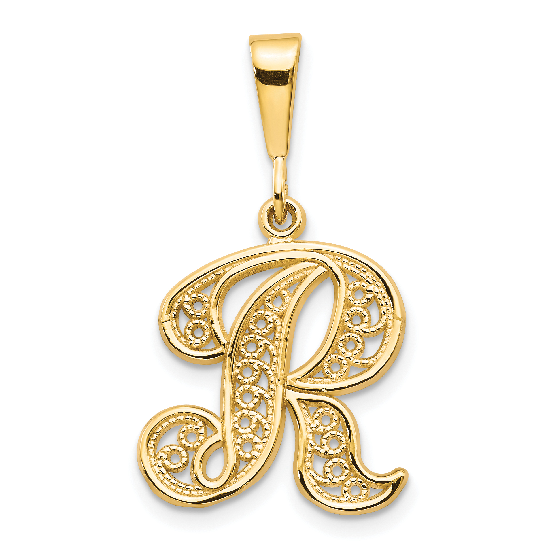 14KY Polished Script Filigree Letter R Initial Pendant (C569R)