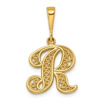 14K Yellow Gold Polished Script Filigree Letter R Initial Pendant view 1