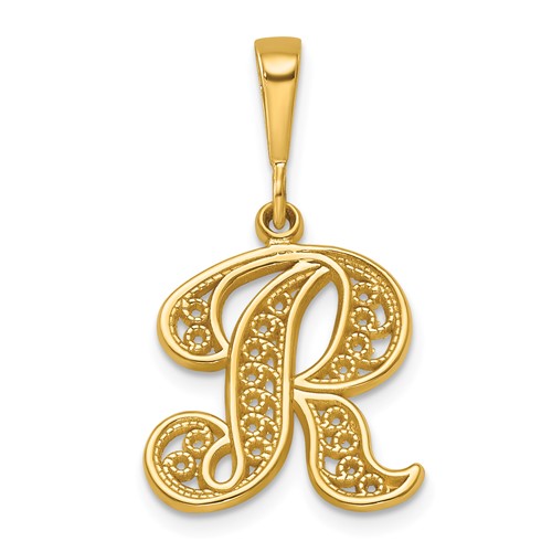14K Yellow Gold Polished Script Filigree Letter R Initial Pendant