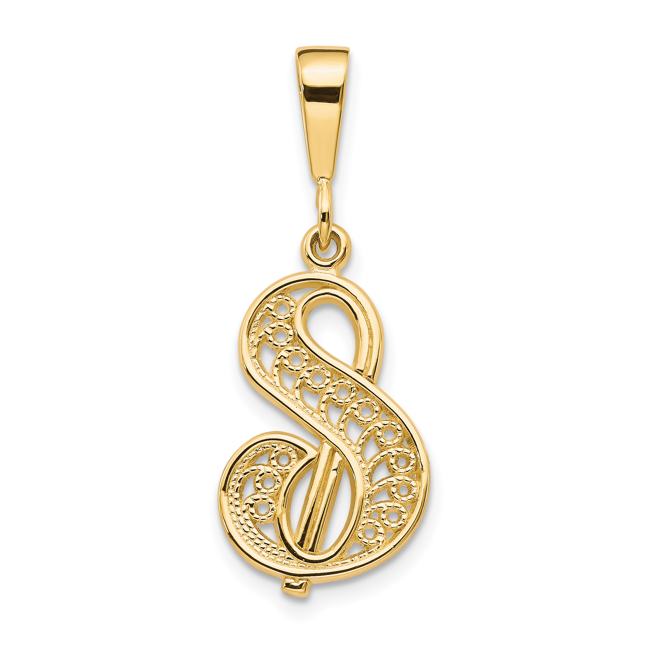 14KY Polished Script Filigree Letter S Initial Pendant (C569S)