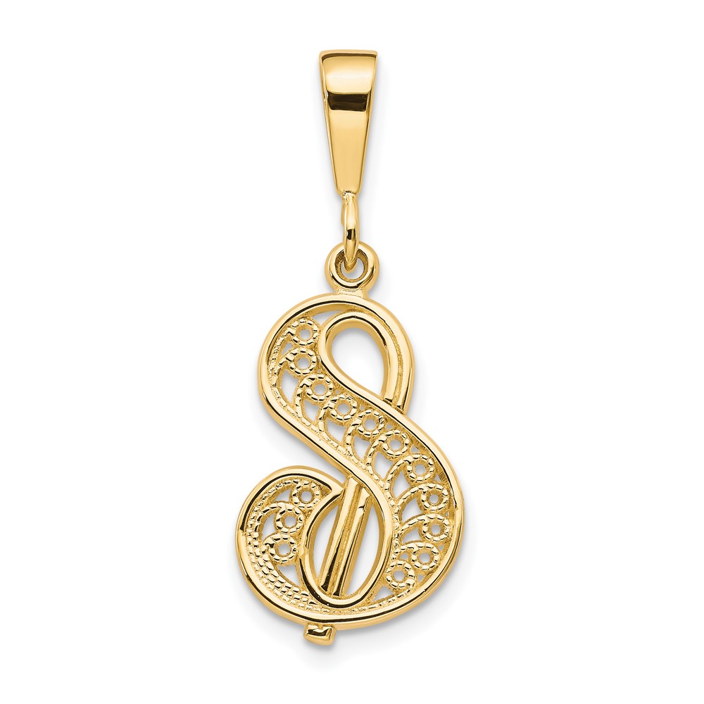 14KY Polished Script Filigree Letter S Initial Pendant (C569S)