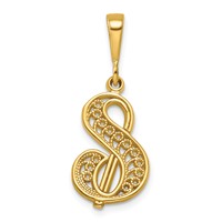 14KY Polished Script Filigree Letter S Initial Pendant view 1