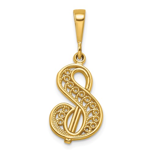 14K Yellow Gold Polished Script Filigree Letter S Initial Pendant
