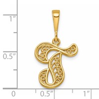 14K Yellow Gold Polished Script Filigree Letter T Initial Pendant view 4