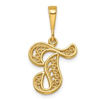 14K Yellow Gold Polished Script Filigree Letter T Initial Pendant view 1