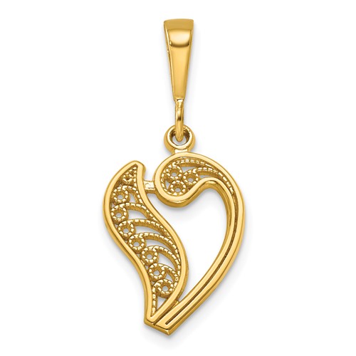 14K Yellow Gold Polished Script Filigree Letter V Initial Pendant