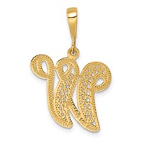 14K Yellow Gold Polished Script Filigree Letter W Initial Pendant view 3