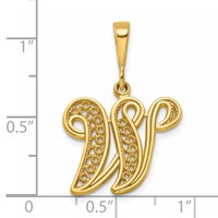 14K Yellow Gold Polished Script Filigree Letter W Initial Pendant view 4
