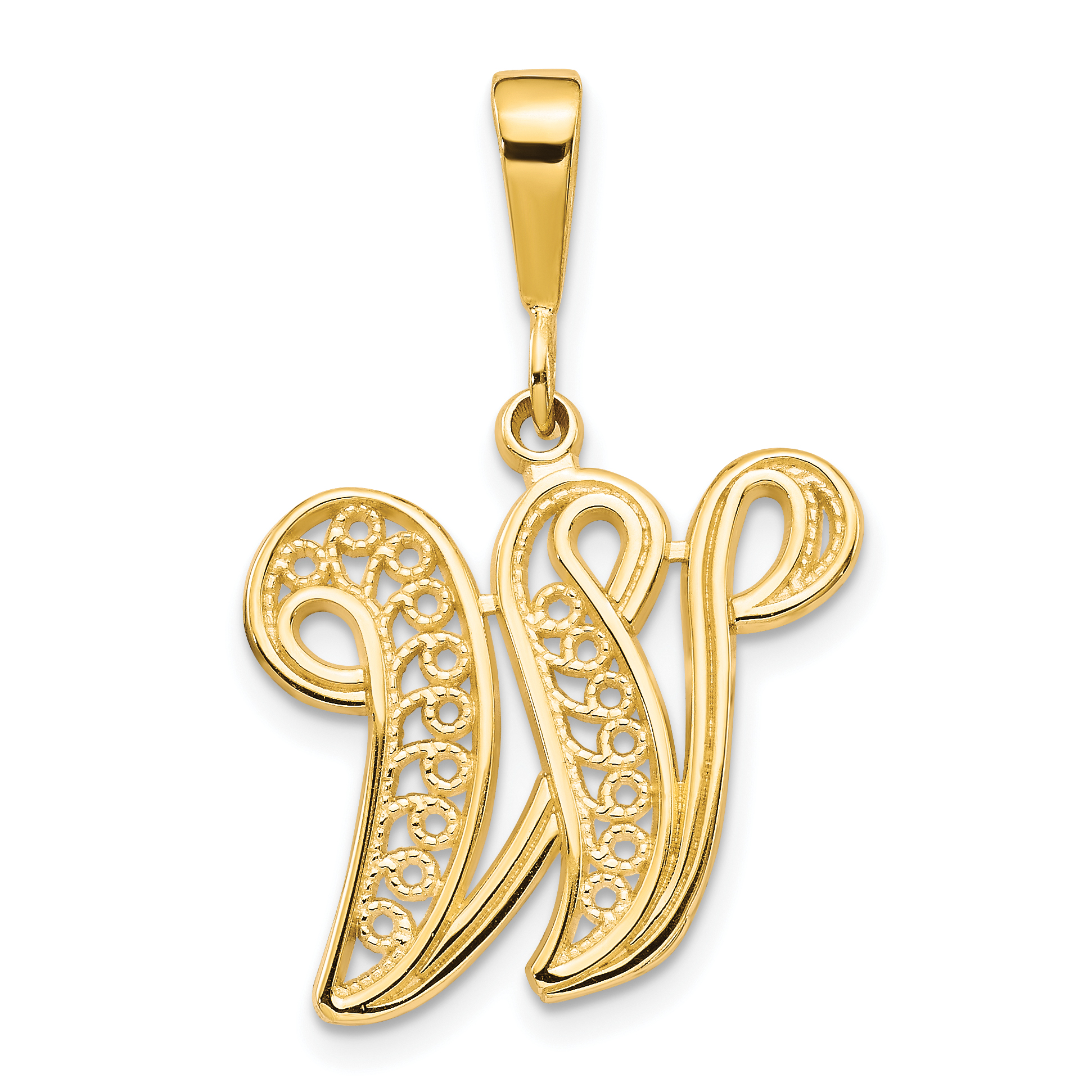 14KY Polished Script Filigree Letter W Initial Pendant (C569W)