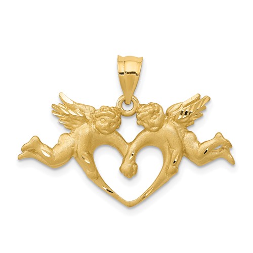 14K Yellow Gold Satin Diamond-cut Angels Pendant with Heart