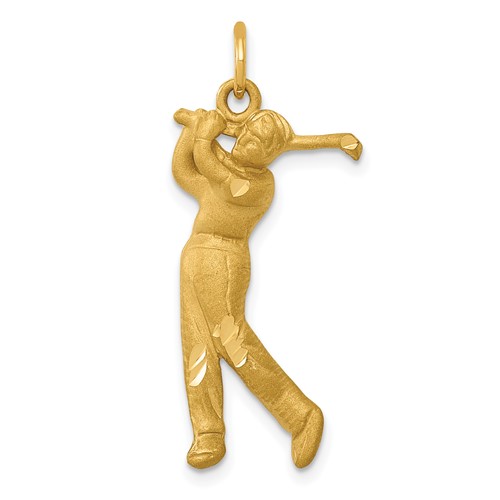 14K Yellow Gold Satin Diamond-cut Male Golfer Charm