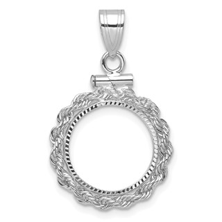 Wideband Distinguished Coin Jewelry 14k White Gold Polished Rope and Diamond-cut 13.0mm x 1.1mm Screw Top Coin Bezel Pendant