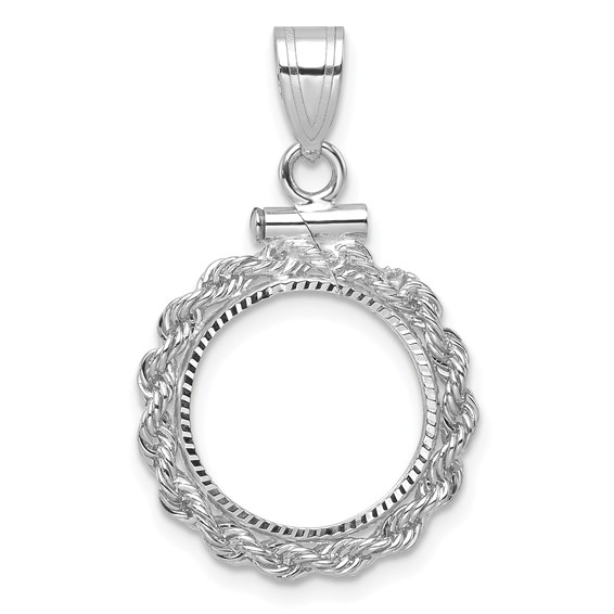 Wideband Distinguished Coin Jewelry 14k White Gold Polished Rope and Diamond-cut 13.0mm x 1.1mm Screw Top Coin Bezel Pendant
