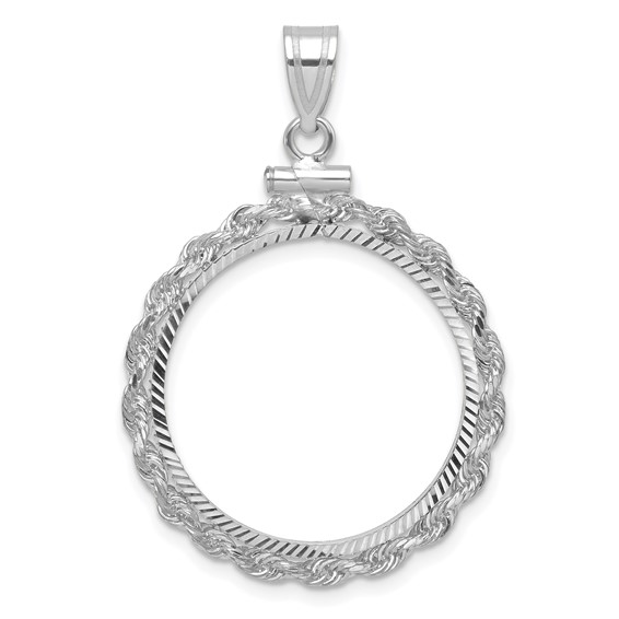 Wideband Distinguished Coin Jewelry 14k White Gold Polished Rope and Diamond-cut 21.6mm x 1.7mm Screw Top Coin Bezel Pendant