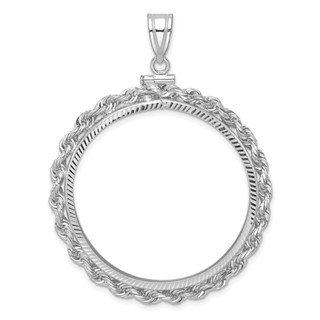 Wideband Distinguished Coin Jewelry 14k White Gold Polished Rope and Diamond-cut 34.2mm x 2.85mm Screw Top Coin Bezel Pendant