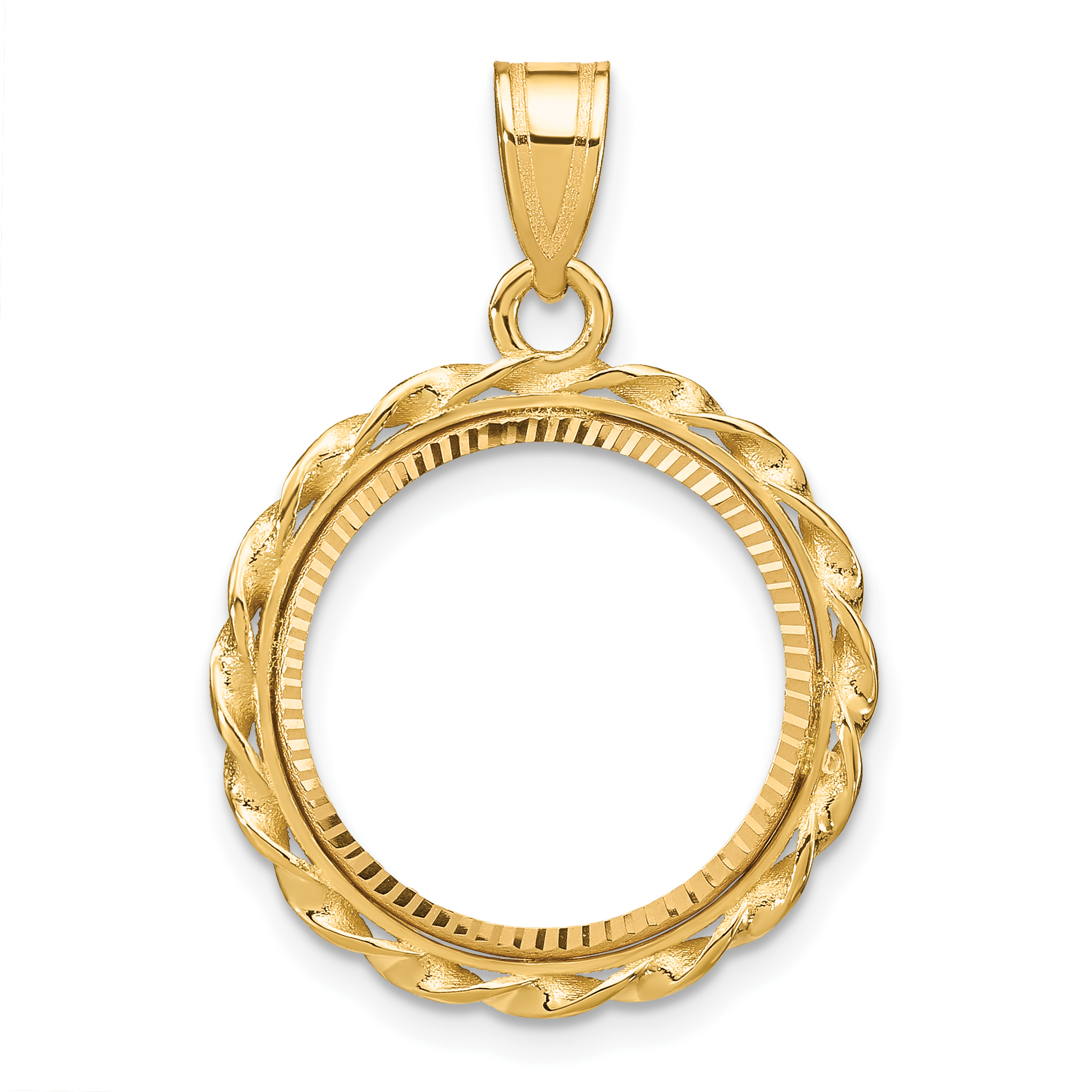 Wideband Distinguished Coin Jewelry 14k Polished Diamond-cut and Wide Twisted Wire 16.5mm Prong Coin Bezel Pendant (C8181/16.5)