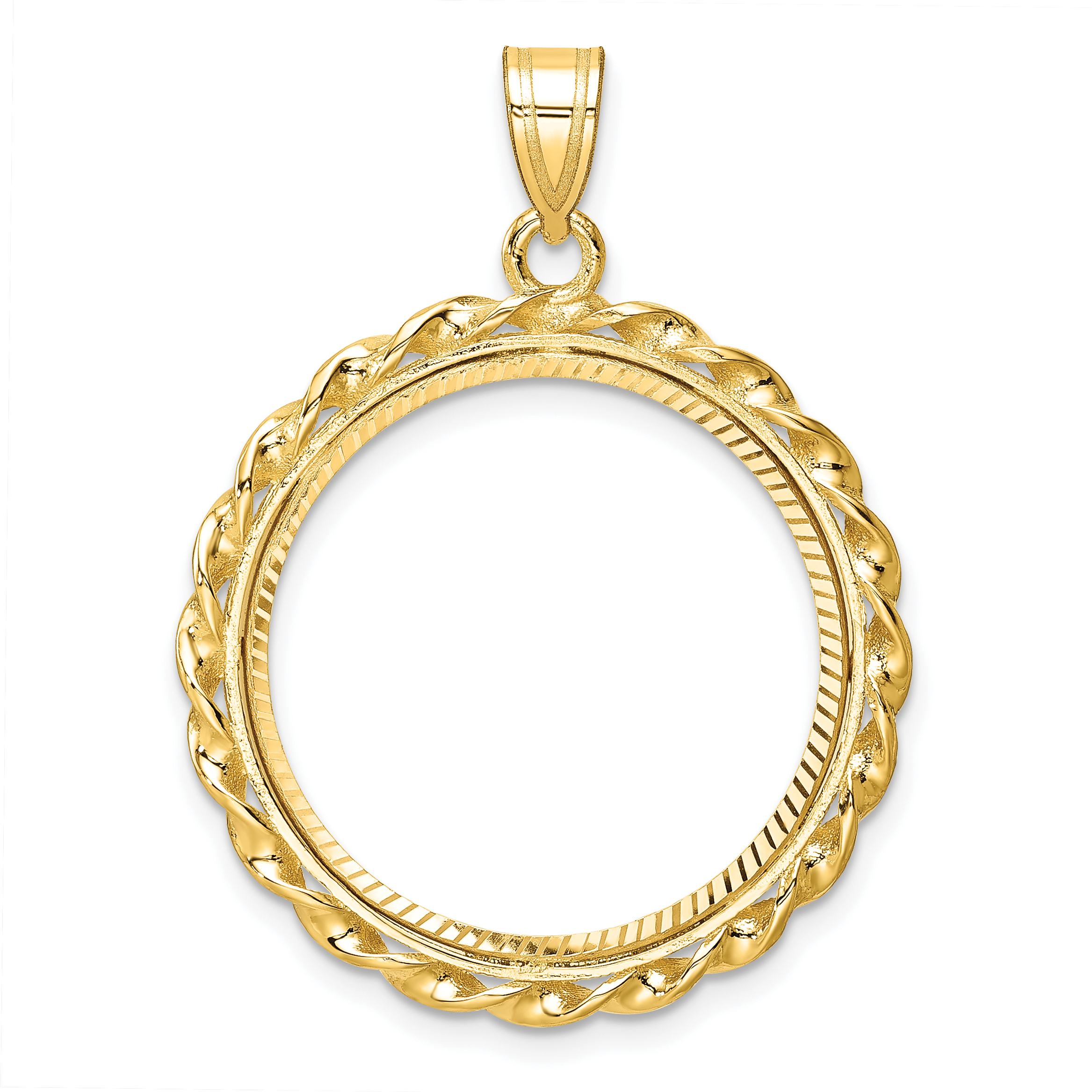 Wideband Distinguished Coin Jewelry 14k Polished Diamond-cut and Wide Twisted Wire 22.0mm Prong Coin Bezel Pendant (C8181/22.0)