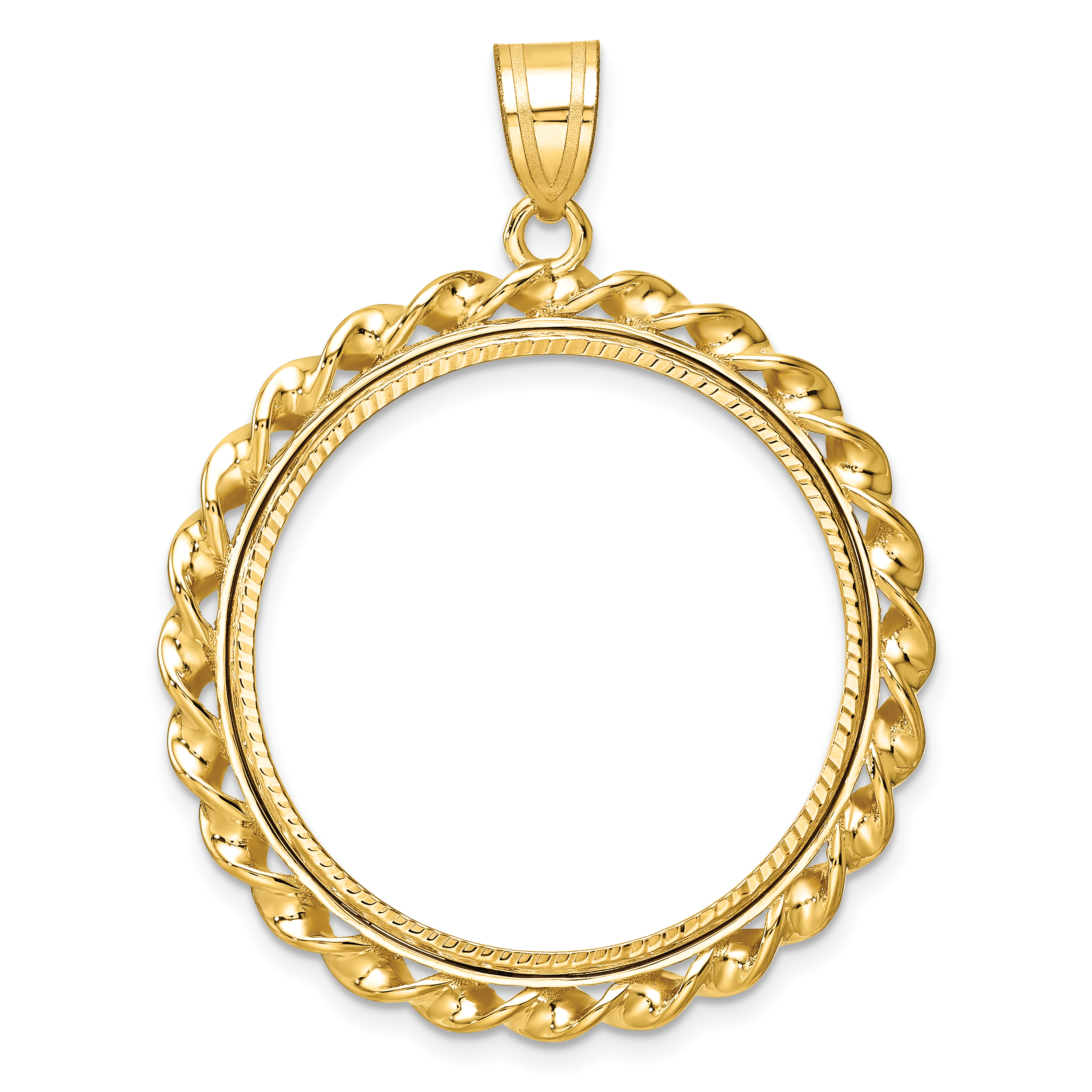 Wideband Distinguished Coin Jewelry 14k Polished Diamond-cut and Wide Twisted Wire 27.0mm Prong Coin Bezel Pendant (C8180D/27.0)