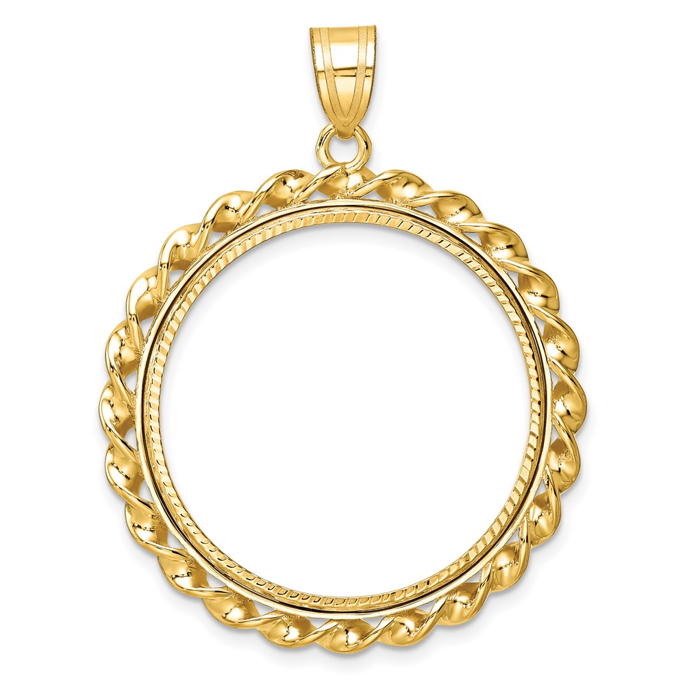 Wideband Distinguished Coin Jewelry 14k Polished Diamond-cut and Wide Twisted Wire 27.0mm Prong Coin Bezel Pendant (C8180D/27.0)