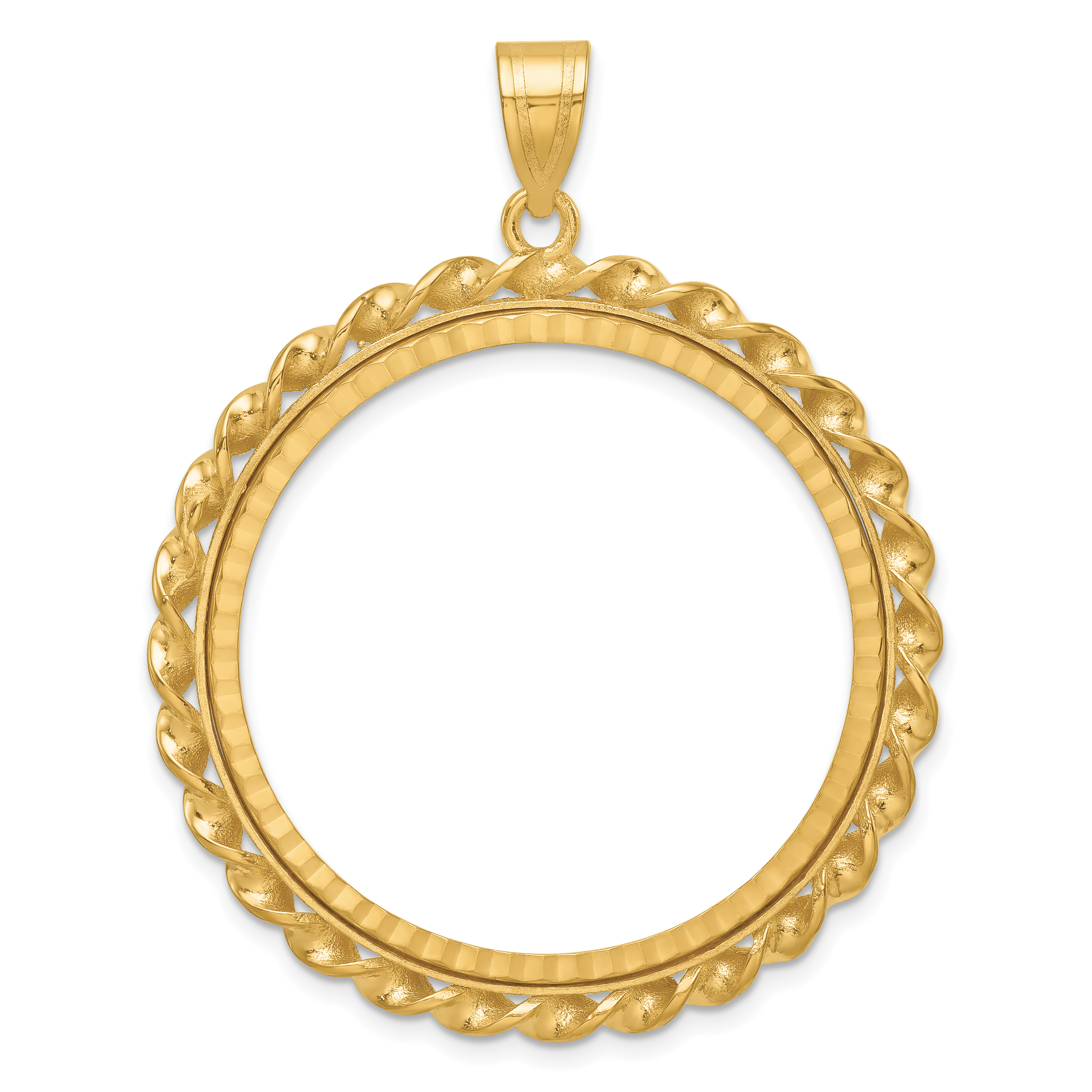 Wideband Distinguished Coin Jewelry 14k Polished Diamond-cut and Wide Twisted Wire 32.7mm Prong Coin Bezel Pendant (C8181/32.7)