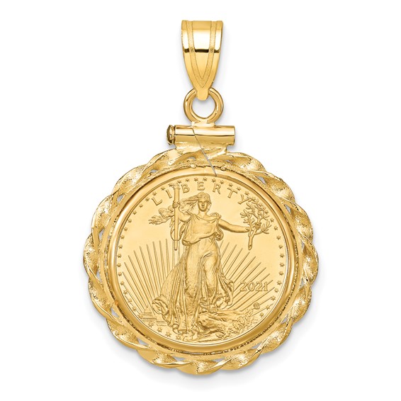 Wideband Distinguished Coin Jewelry 10k Polished Wide Twisted Wire Mounted 1/10oz American Eagle Screw Top Coin Bezel Pendant