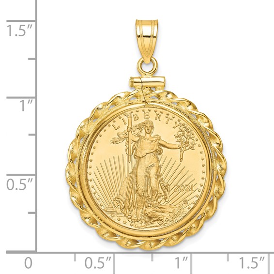 Wideband Distinguished Coin Jewelry 10k Polished Wide Twisted Wire Mounted 1/4oz American Eagle Screw Top Coin Bezel Pendant