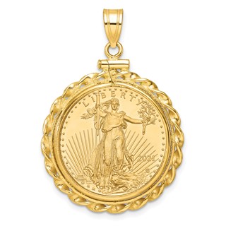 Wideband Distinguished Coin Jewelry 10k Polished Wide Twisted Wire Mounted 1/4oz American Eagle Screw Top Coin Bezel Pendant