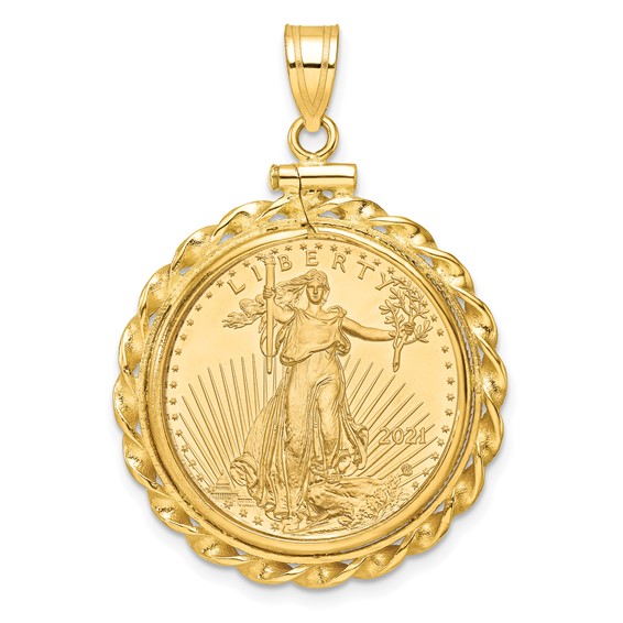 Wideband Distinguished Coin Jewelry 10k Polished Wide Twisted Wire Mounted 1/4oz American Eagle Screw Top Coin Bezel Pendant
