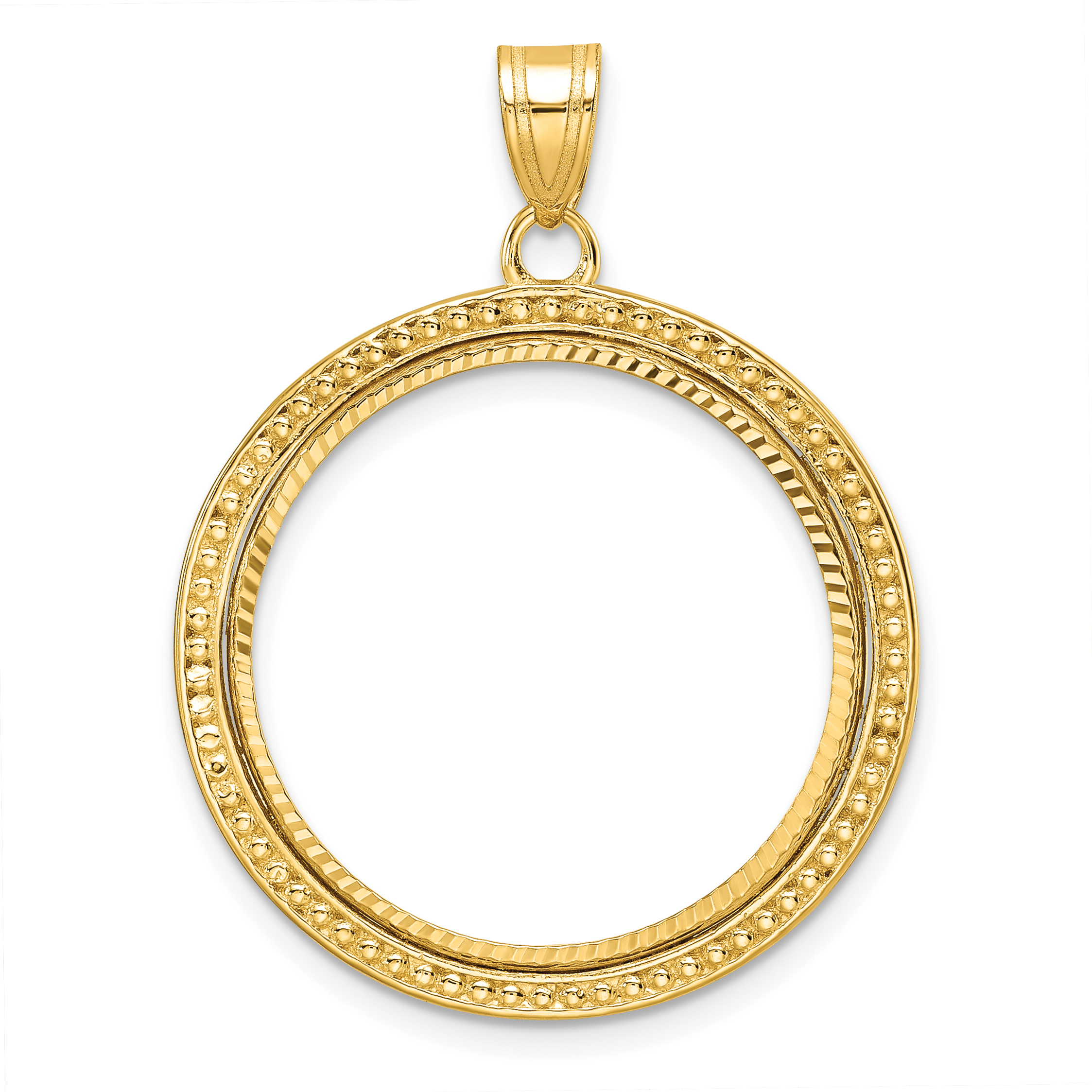 Wideband Distinguished Coin Jewelry 14k Polished Beaded and Diamond-cut 22.0mm Prong Coin Bezel Pendant (C8183D/22.0)