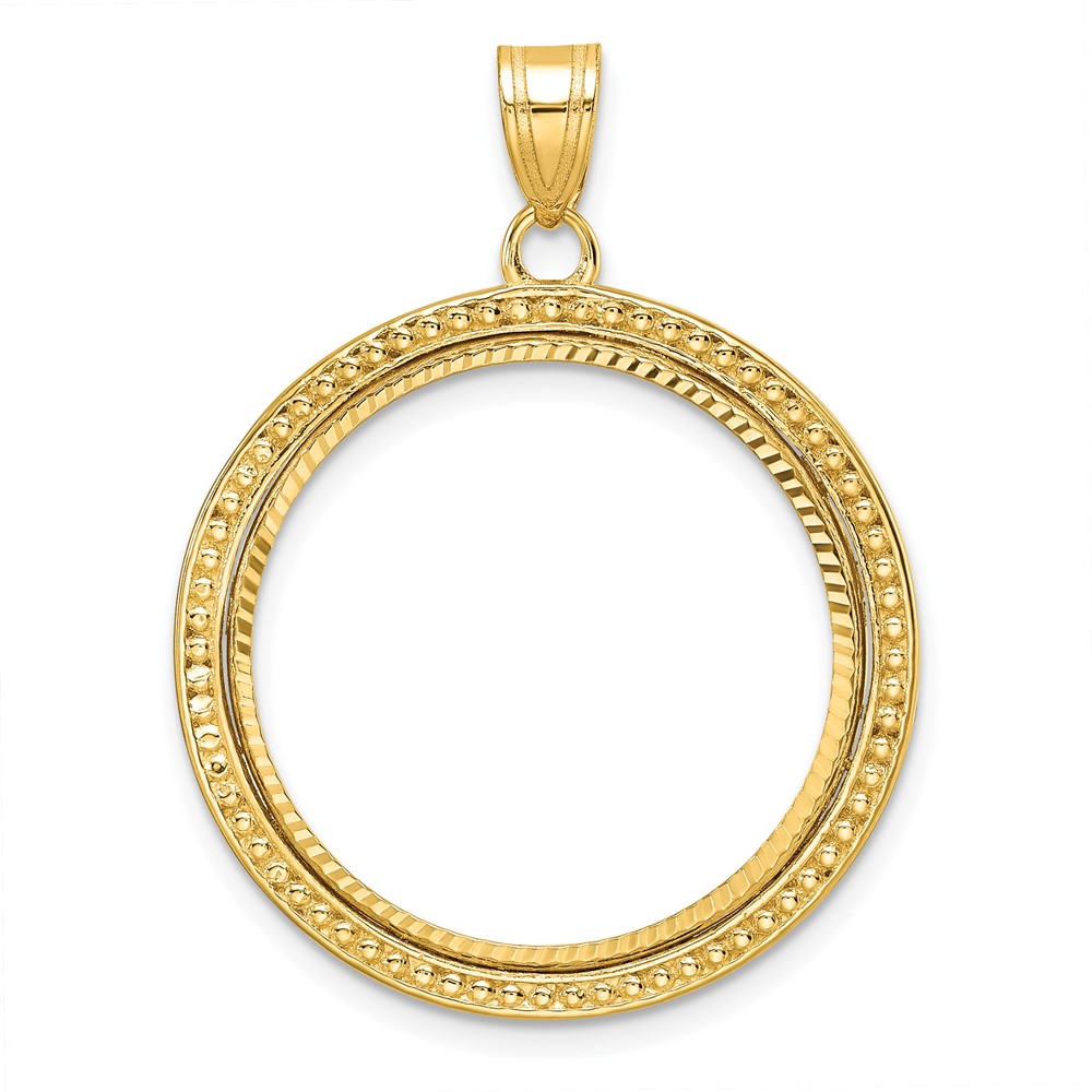 Wideband Distinguished Coin Jewelry 14k Polished Beaded and Diamond-cut 22.0mm Prong Coin Bezel Pendant (C8183D/22.0)