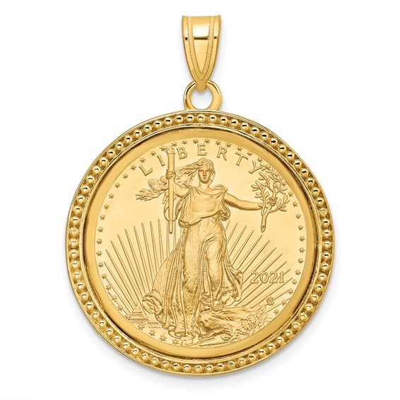 Wideband Distinguished Coin Jewelry 10k Polished and Beaded Mounted 1/4oz American Eagle Coin Bezel Pendant
