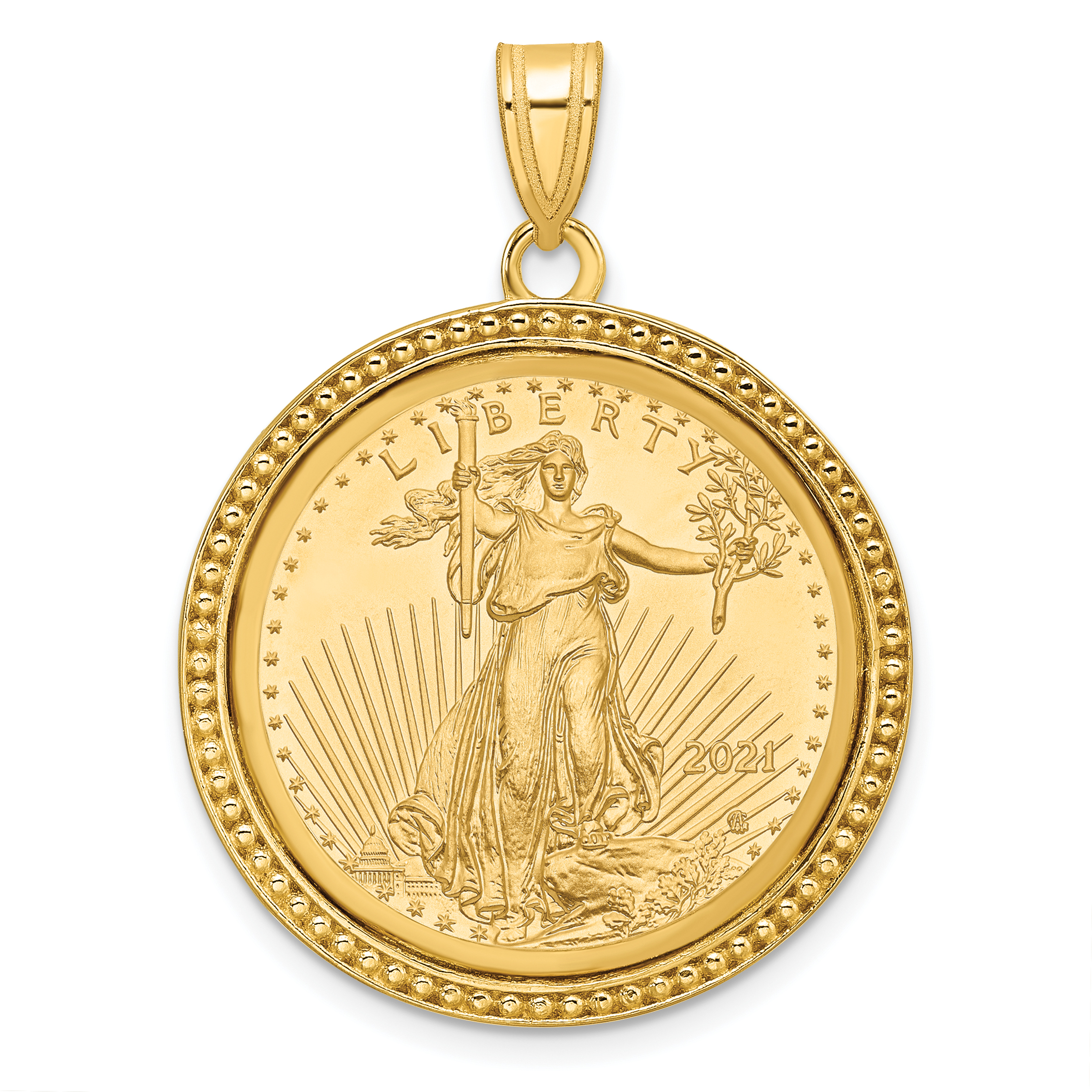 Wideband Distinguished Coin Jewelry 14k Polished and Beaded Mounted 1/4oz American Eagle Coin Bezel Pendant (C8183/22.0C)