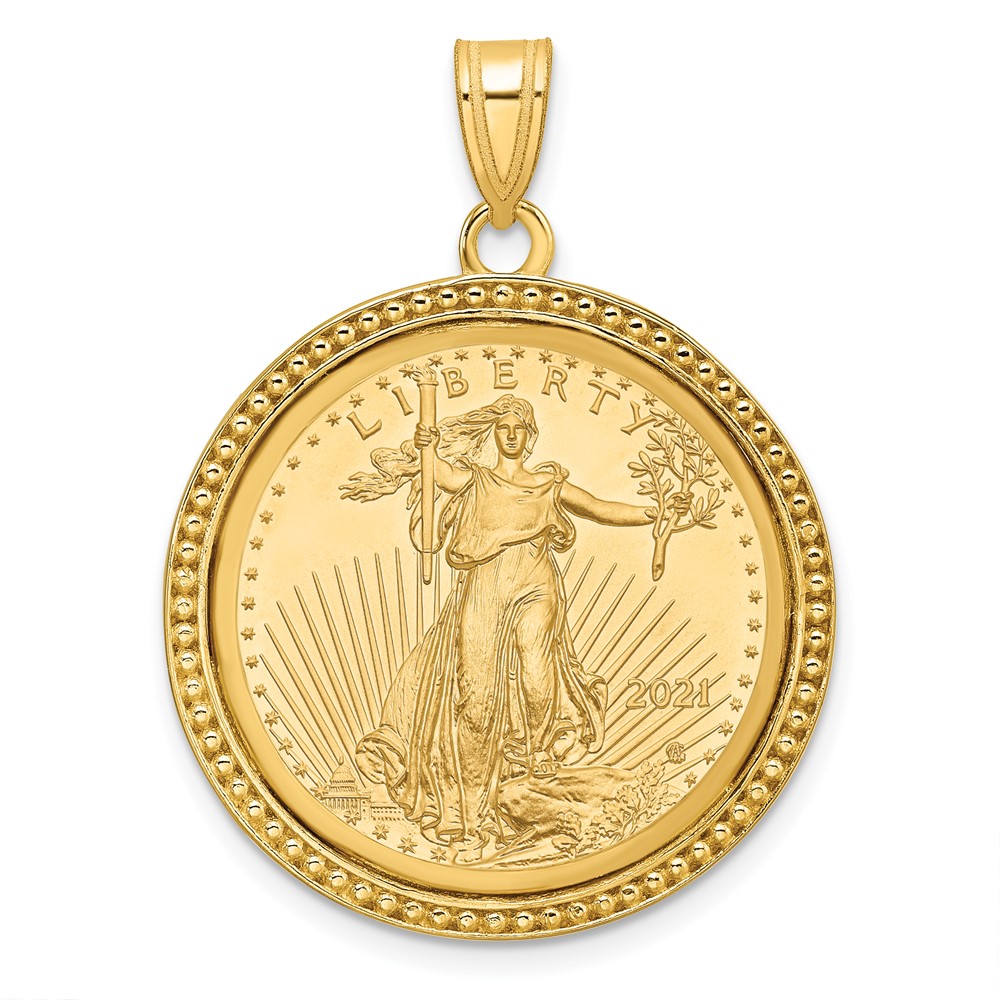 Wideband Distinguished Coin Jewelry 14k Polished and Beaded Mounted 1/4oz American Eagle Coin Bezel Pendant (C8183/22.0C)