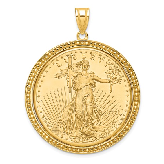 Wideband Distinguished Coin Jewelry 10k Polished and Beaded Mounted 1oz American Eagle Coin Bezel Pendant