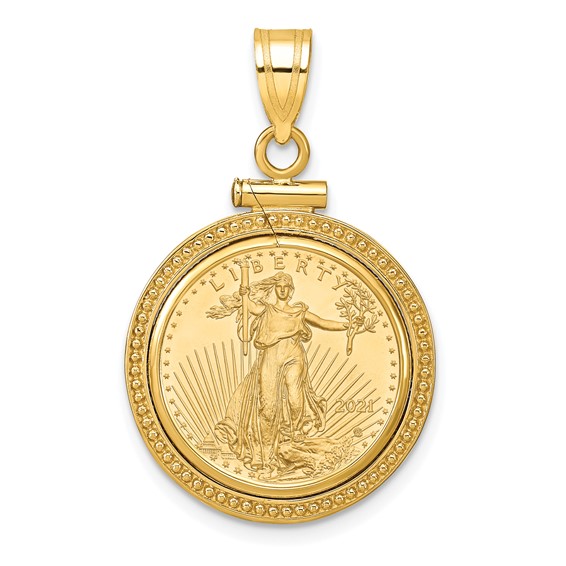 Wideband Distinguished Coin Jewelry 10k Polished and Beaded Mounted 1/10oz American Eagle Screw Top Coin Bezel Pendant