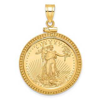 Wideband Distinguished Coin Jewelry 10k Polished and Beaded Mounted 1/4oz American Eagle Screw Top Coin Bezel Pendant