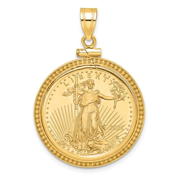 Wideband Distinguished Coin Jewelry 10k Polished and Beaded Mounted 1/4oz American Eagle Screw Top Coin Bezel Pendant