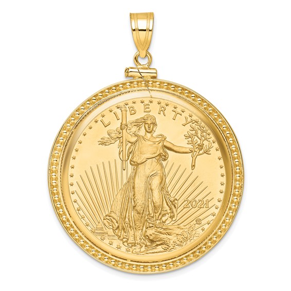 Wideband Distinguished Coin Jewelry 10k Polished and Beaded Mounted 1oz American Eagle Screw Top Coin Bezel Pendant