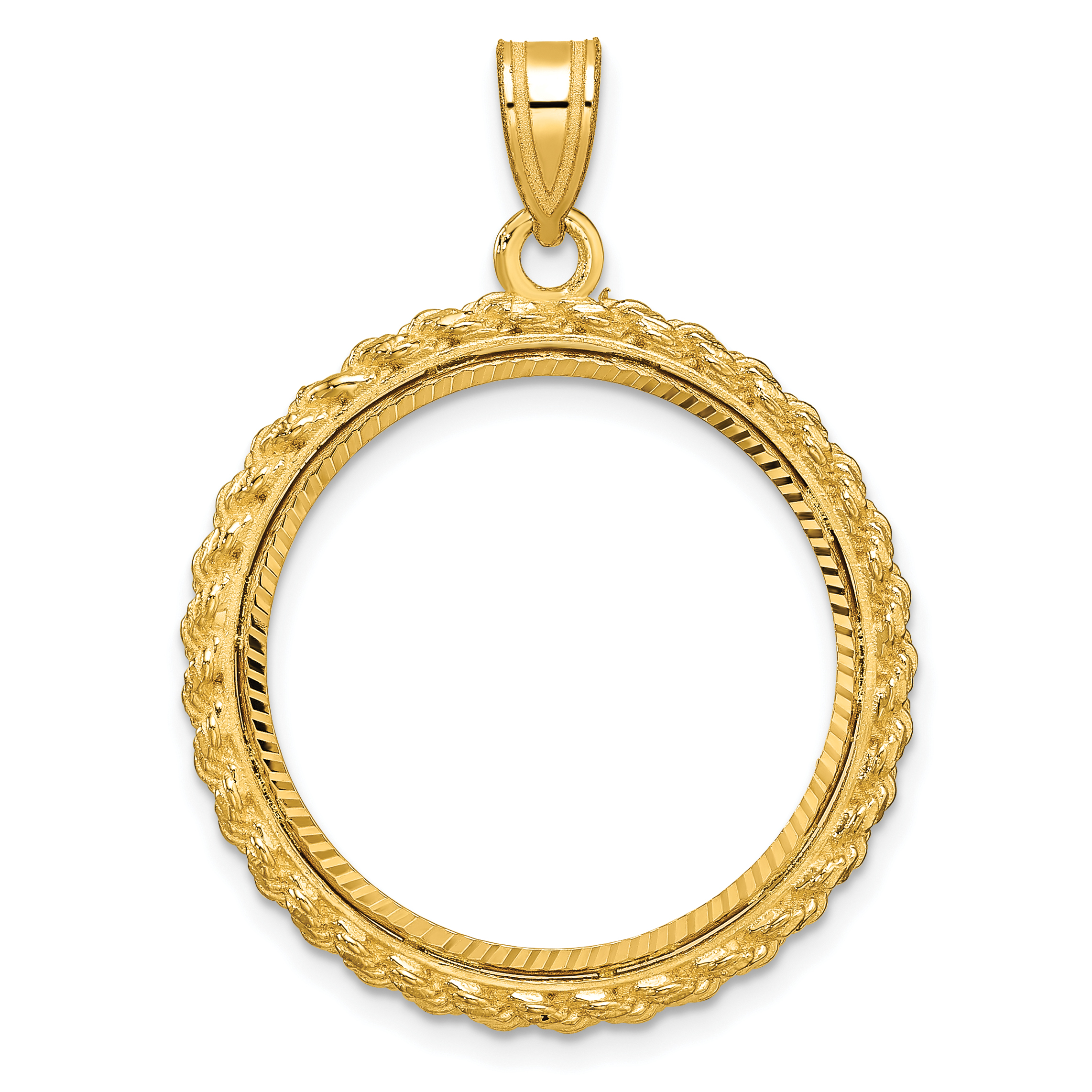 Wideband Distinguished Coin Jewelry 14k Polished and Diamond-cut with Casted Rope 22.0mm Prong Coin Bezel Pendant (C8185D/22.0)