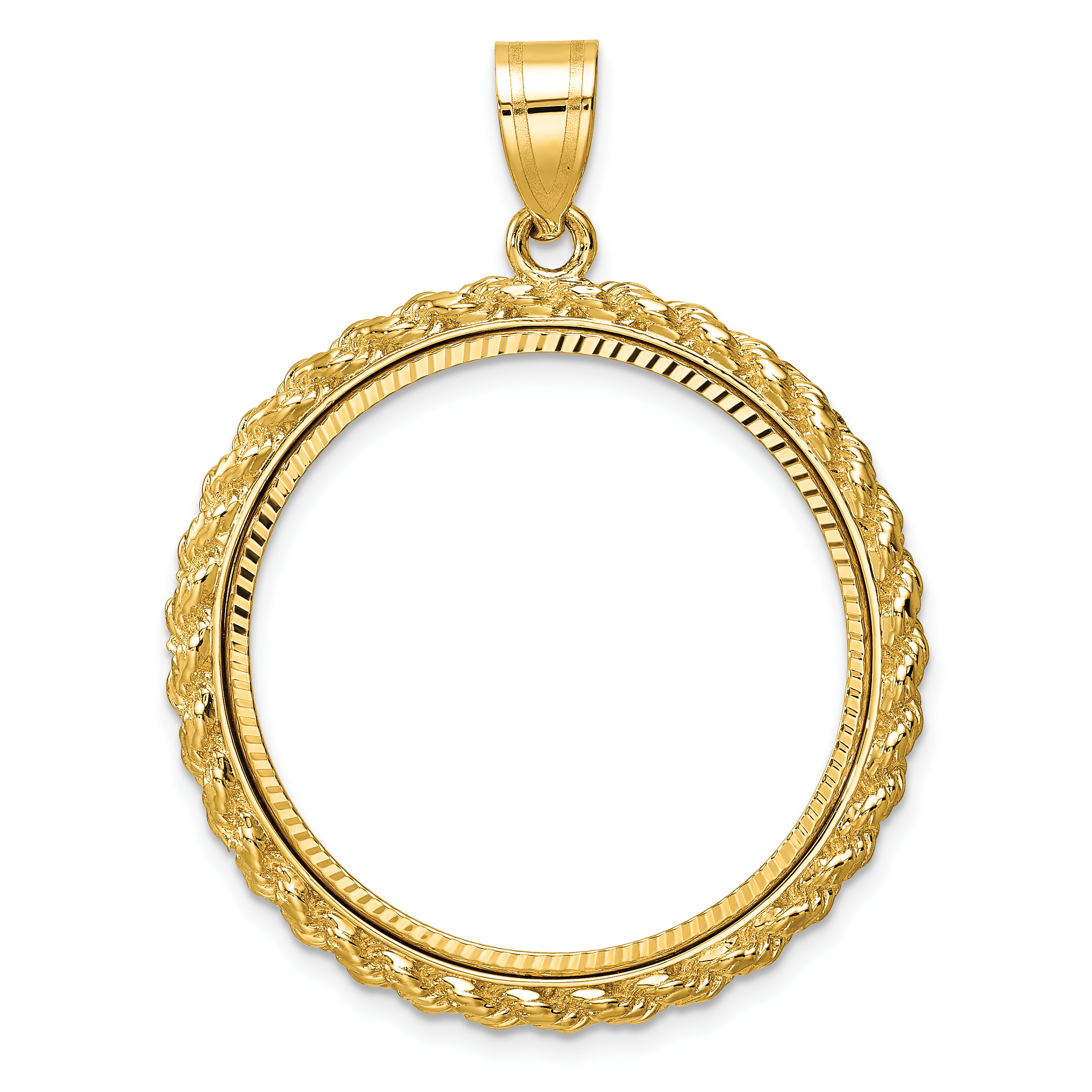 Wideband Distinguished Coin Jewelry 14k Polished and Diamond-cut with Casted Rope 27.0mm Prong Coin Bezel Pendant (C8186/27.0)