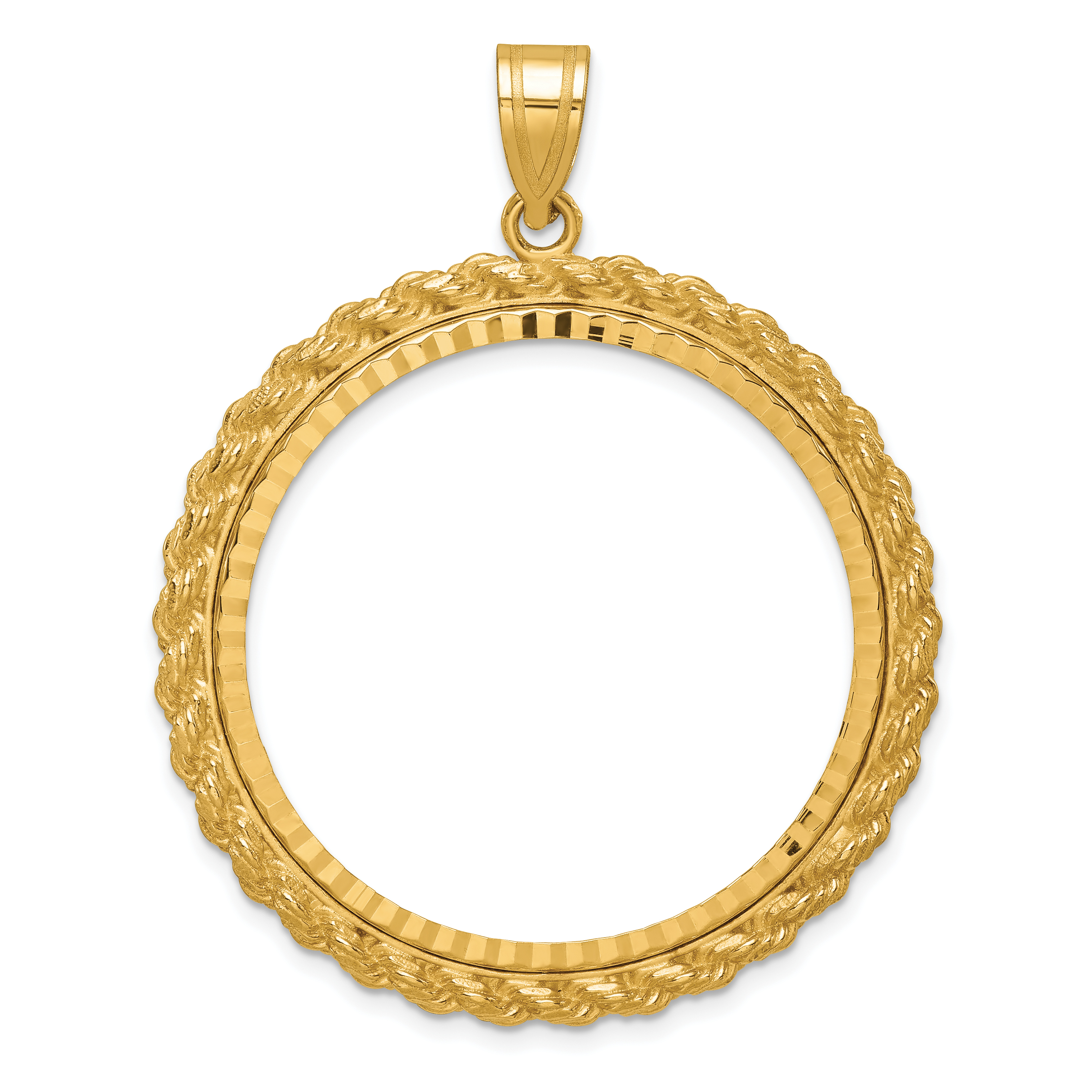 Wideband Distinguished Coin Jewelry 14k Polished and Diamond-cut with Casted Rope 32.7mm Prong Coin Bezel Pendant (C8186/32.7)